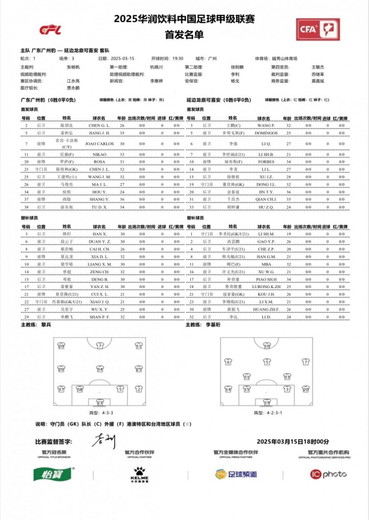 廣州豹vs延邊龍鼎首發(fā)：卡洛斯、羅薩、尼康三外援領(lǐng)銜廣州豹