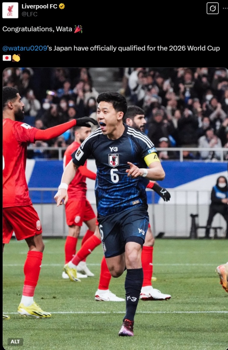 利物浦官推曬遠藤航照片，祝賀其隨日本隊提前晉級世界杯