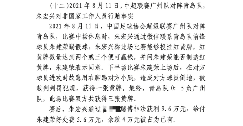 網(wǎng)傳判決書(shū)：青島球員朱建榮故意踢對方小腿，染黃收5.6萬(wàn)好處費